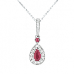 Genuine Ruby Pear Shape & .15TCW Diamond Drop Pendant with Chain 10KT WG   *CLEARANCE-FINAL SALE*