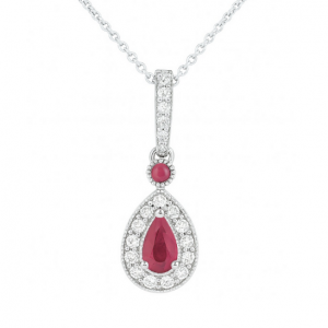 Genuine Ruby Pear Shape & .15TCW Diamond Drop Pendant with Chain 10KT WG      *CLEARANCE-FINAL SALE*