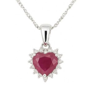 Genuine Ruby Heart & .05TCW Diamond Pendant with Chain 10KT WG   *CLEARANCE-FINAL SALE*
