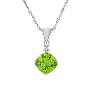 Genuine Peridot Cushion 7MM Checkerboard Cut & .02CT Diamond Pendant with Chain 14KT WG   *CLEARANCE-FINAL SALE*