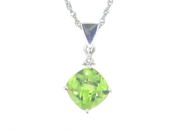 Genuine Peridot Cushion 7MM Checkerboard Cut & .02CT Diamond Pendant with Chain 14KT WG   **CLEARANCE-FINAL SALE**