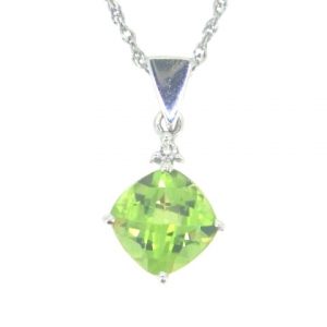 Genuine Peridot Cushion 7MM Checkerboard Cut & .02CT Diamond Pendant with Chain 14KT WG   **CLEARANCE-FINAL SALE**