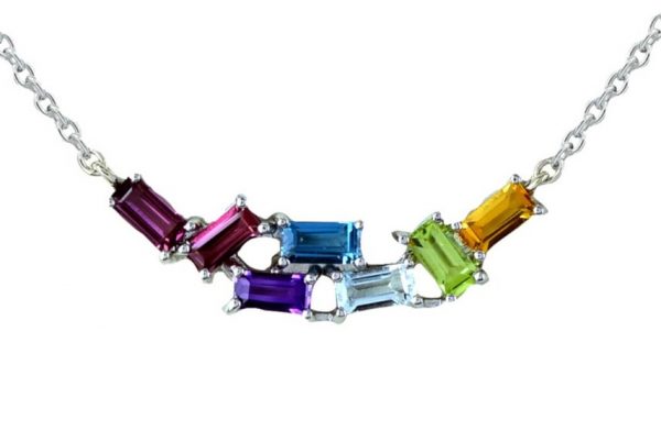 Genuine Multi Gemstone Rainbow Baguette Station Necklace 10KT WG   **CLEARANCE-FINAL SALE**