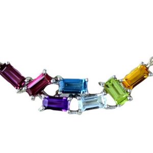 Genuine Multi Gemstone Rainbow Baguette Station Necklace 10KT WG   **CLEARANCE-FINAL SALE**