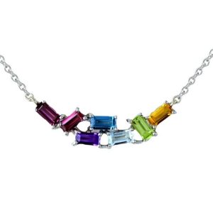 Genuine Multi Gemstone Rainbow Baguette Station Necklace 10KT WG   *CLEARANCE-FINAL SALE*