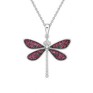 Genuine Ruby & Diamond Dragonfly Pendant with 16-18" Adjustable Chain 10KT WG *CLEARANCE-FINAL SALE*