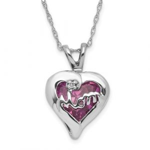 MOM  Heart Pendant & Diamond & Pink Crystal with 18" Chain 10KT WG