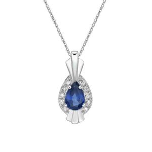 Genuine Sapphire Pear 6x4 & .04TCW Diamonds Pendant w/ Chain 10KT WG