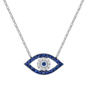 Genuine Sapphire & .06TCW Diamonds Evil Eye Necklace 10KT   WG/15MM   *CLEARANCE-FINAL SALE*