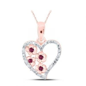 Genuine Ruby & .10TCW Diamond Flower & Heart Design Pendant w/ 18" Chain 10KT PK/12MM
