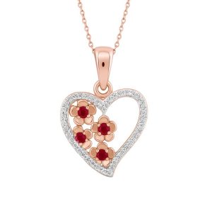 Genuine Ruby & .10TCW Diamond Flower & Heart Design Pendant w/ 18" Chain 10KT PK/12MM   *CLEARANCE-FINAL SALE*