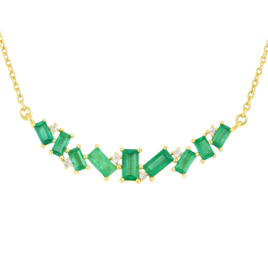 Genuine Emerald Baguette & Round Diamond Scatter Design Adjustable 16-18" Necklace 10KT