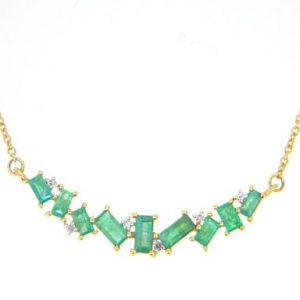 Genuine Emerald Baguette & Round Diamond Scatter Design Adjustable 16-18" Necklace 10KT