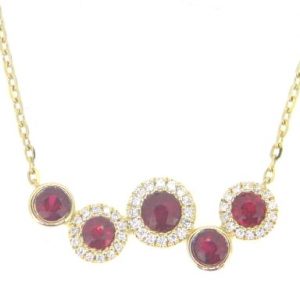 Genuine Ruby & .08TCW Diamonds 5 Stone Halo 18" Necklace 14KT