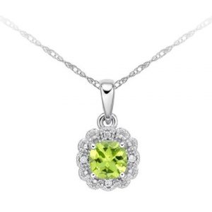 Genuine Peridot Cushion 5mm & Diamonds Pendant with 18" Chain 10KT WG