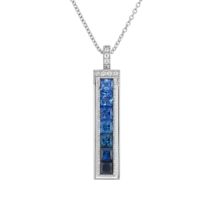 Genuine Sapphire Princess Cut Ombre & Diamond Bar Necklace with 18" Chain 10KT WG