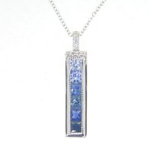 Genuine Sapphire Princess Cut Ombre & Diamond Bar Necklace with 18"  Chain 10KT WG