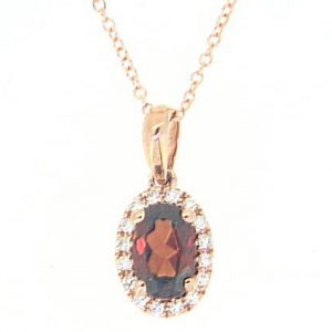 Genuine Garnet Oval 6x4 & Diamond Halo Pendant with Chain 10KT PK