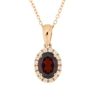 Genuine Garnet Oval 6x4 & Diamond Halo Pendant with Chain 10KT PK
