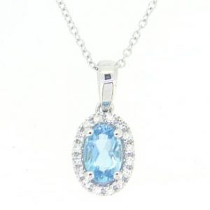 Genuine Blue Topaz Oval 6x4 & Diamond Halo Pendant with Chain 10KT WG