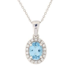Genuine Blue Topaz Oval 6x4 & Diamond Halo Pendant with Chain 10KT WG