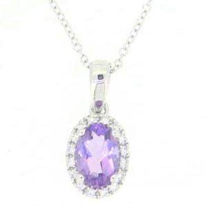 Genuine Amethyst Oval 6x4 & Diamond Halo Pendant with Chain 10KT WG