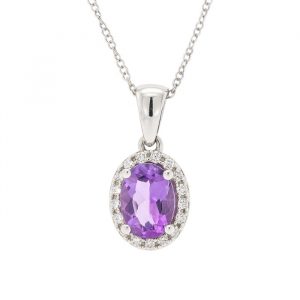 Genuine Amethyst Oval 6x4 & Diamond Halo Pendant with Chain 10KT WG