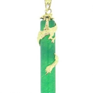 Genuine Jade Enhanced Column Pendant with Climbing Dragon 14KT/30MM    **Colour & Quality Enhanced**