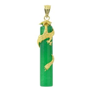 Genuine Jade Enhanced Column Pendant with Climbing Dragon 14KT/30MM    **Colour & Quality Enhanced**