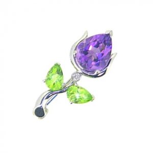 Genuine Amethyst Peridot & Diamond Tulip Flower Brooch 14KT WG  *Converts to Pendant*  **CLEARANCE-FINAL SALE**