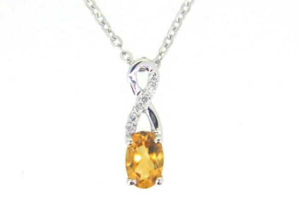 Genuine Citrine 6x4 & .03TCW Diamond Accented Infinity Design Pendant with 18" Chain 10KT WG