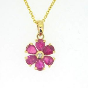 Genuine Ruby Pear Shape & Diamond Pendant with 18" Chain 14KT