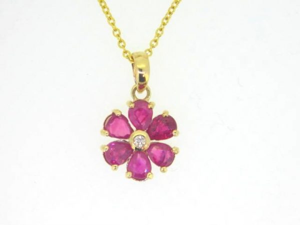 Genuine Ruby Pear Shape & Diamond Pendant with 18" Chain 14KT
