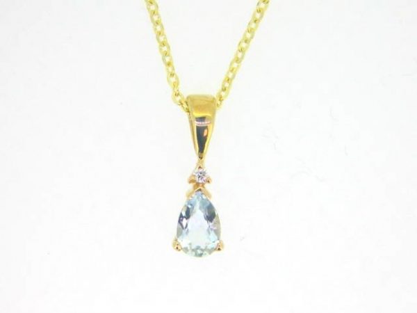 Genuine Aquamarine Pear Shape & Diamond Pendant with 16" Chain 10KT