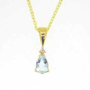 Genuine Aquamarine Pear Shape & Diamond Pendant with 16" Chain 10KT