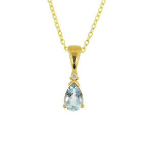 Genuine Aquamarine Pear Shape & Diamond Pendant with 16" Chain 10KT