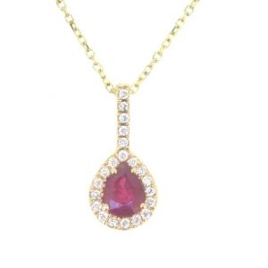 Gen Ruby Pear Shape & .09tcw Diamonds with Adjustable 16-18" Rolo Link Chain 14KT