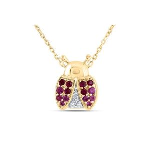 Gen. Ruby, Pk Sapphire & .03TCW Diamond Lady Bug 18" Necklace 10KT