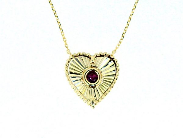 Gen. Ruby Sun Burst Heart 16-18" Adjustable Necklace 10KT