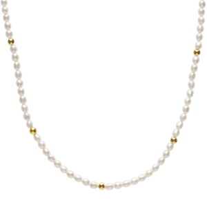 3.5-4MM Fresh Water Rice Pearls with 3mm Gold Bead Stations 14" Baby 10KT  *UNKNOTTED DESIGN