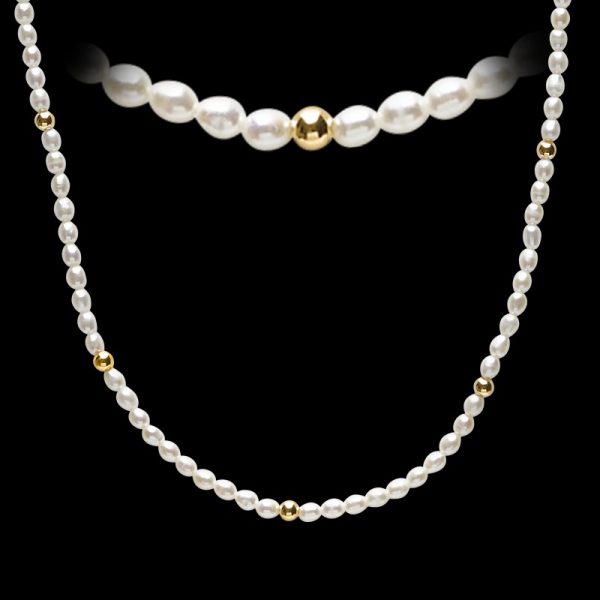 3.5-4MM Fresh Water Rice Pearls with 3mm Gold Bead Stations 16" 10KT  *UNKNOTTED DESIGN