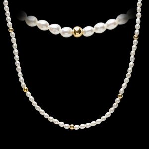 3.5-4MM Fresh Water Rice Pearls with 3mm Gold Bead Stations 14" Baby 10KT  *UNKNOTTED DESIGN