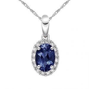 Gen. Sapphire 6x4 & .10tcw Diamond Cluster Pendant with 18" Chain 10KT WG