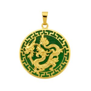 Genuine Jade Round Disc with Dragon & Greek Key Overlay Pendant 14KT/26MM  **Colour & Quality Enhanced**