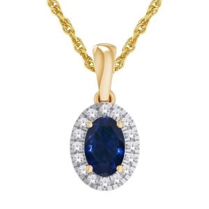 Gen. Sapphire Oval 6x4 & .10TCW Diamond Cluster Pendant with 18" Chain 14KT