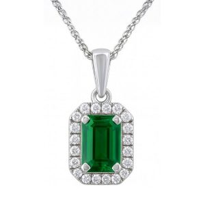 Gen. Emerald 6x4 & .10TCW Diamond Cluster Pendant with 18" Chain 14KT WG