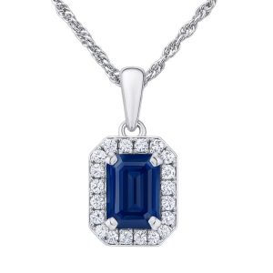 Gen. Sapphire 6x4 & .10TCW Diamond Cluster Pendant with 18" Chain 14KT WG