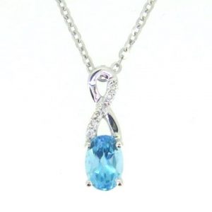 Genuine Blue Topaz 6x4 & .03TCW Diamond Accented Infinity Design Pendant with 18" Chain 10KT WG