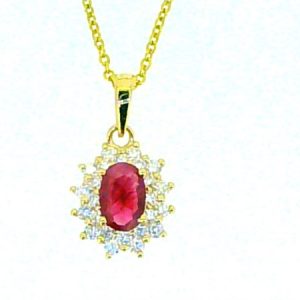 Genuine Ruby Oval 6x4 & .31tcw Diamond Cluster Pendant with 18" Chain 14KT