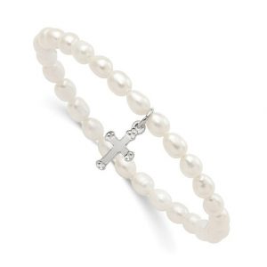4-5MM Fresh Water Rice Pearl 5" baby Stretch Bracelet with Sterling Silver Dangle Cross